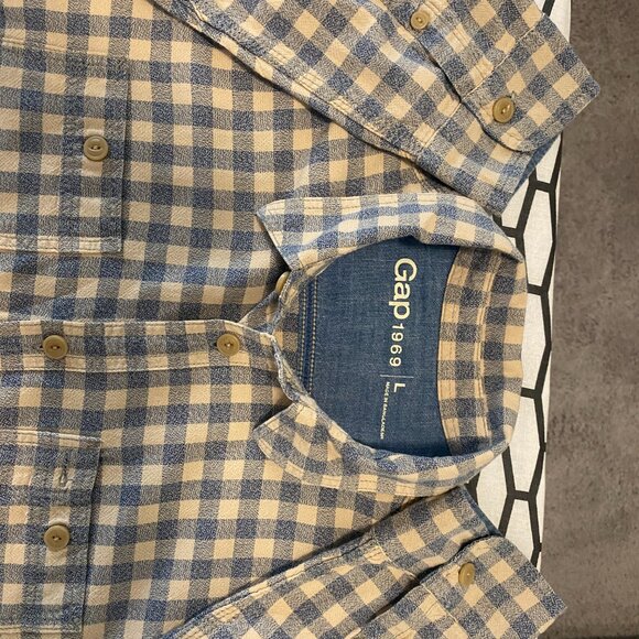 Gap 1969 Men's Plaid Flannel Shirt - Blue & Beige Check, Size Large (Neck 37/16) - Picture 2 of 6